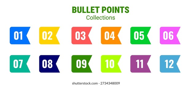 Conjunto de viñetas numeradas de colores para presentación y diseño de infografía.
Iconos de lista de números multicolores para diapositivas, informes y contenido visual.