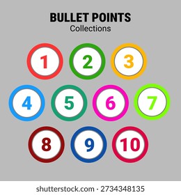 Conjunto de viñetas numeradas de colores para presentación y diseño de infografía.
Iconos de lista de números multicolores para diapositivas, informes y contenido visual.