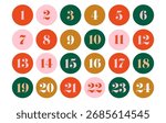 Colorful numbered circles from 1 to 24 arranged in rows. Flat vector template for advent calendar or countdown design. Christmas holiday concept.