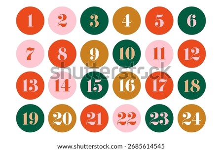 Colorful numbered circles from 1 to 24 arranged in rows. Flat vector template for advent calendar or countdown design. Christmas holiday concept.