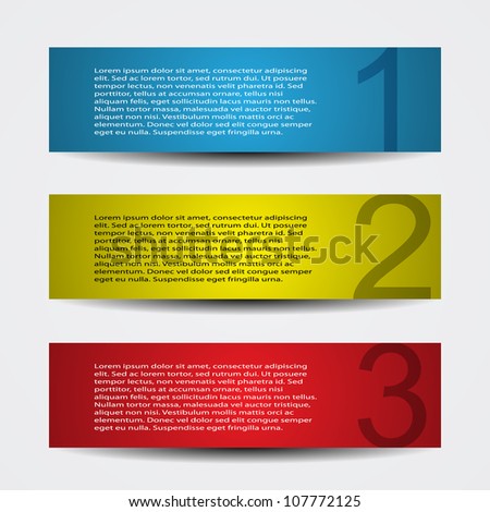 Colorful Numbered Infographic Banners or Header Designs – Blue, Yellow and Red Horizontal Layout with Placeholder Text. A vector-style infographic featuring three horizontal rectangular banners arranged vertically. Each banner has a distinct background color: blue (1), yellow (2), and red (3). Large white numbers indicate sequence, positioned on the right side of each banner. The layout includes white placeholder text blocks, making it ideal for step-by-step guides, presentations, educational materials, or marketing content. This image is perfect for themes related to process visualization, numbered instructions, and editable design assets.