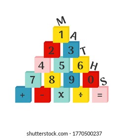 Colorful numbers from 0 to 9 with mathematical operations on blocks. Flat vector illustration on white background.
