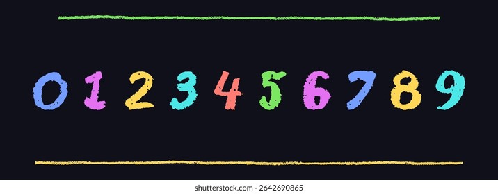 Colorful numbers 0-9, hand-drawn in a wax crayon or pastel style. Highlighter effect on a board for kindergarten drawing, learning materials, and creative educational projects. Cartoon funny vector