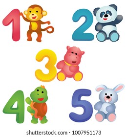 Colorful numbers from 1 to 5 with plush monkey, panda, hippo, turtle and bunny