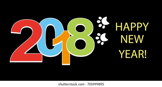 Colorful Numbers 2018 New year with a trace of the dog, paw print on a black background. Element for holiday design. Vector illustration.