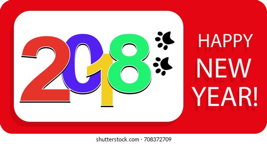 Colorful Numbers 2018 New year with a trace of the dog, paw print. Element for holiday design. Vector illustration.