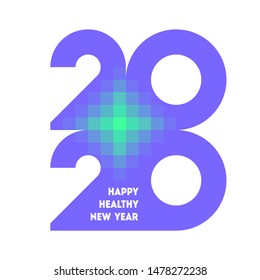 Colorful numbers 2020 with abstract laser cross and wishes of happy and healthy New Year. Modern vector illustration in futuristic style for medical brochure cover, calendar or web page