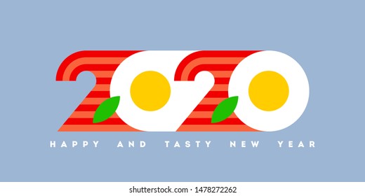 Colorful numbers 2020 look like eggs with bacon and greetings of happy and tasty New Year. Modern vector illustration for cover of food and cook theme brochure or calendar