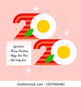 Colorful Numbers 2020 Look Like Eggs With Bacon And Greetings Of Happy And Tasty New Year. Modern Vector Illustration For Cover Of Food And Cook Theme Brochure Or Calendar