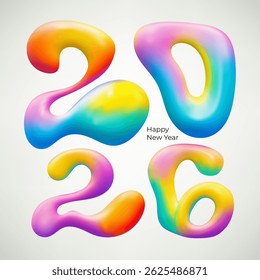Colorful numbers 2026 Happy New Year logo design. 3d bright abstract water forms. Design templates New Year 2026 greeting cards or calendar covers. Vector holidays illustration.