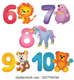 Colorful numbers from 6 to 10 with plush lion, hedgehog, unicorn, cat and bear