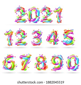 Colorful numbers, bright realistic 3d numbers 2021. Bright colorful realistic numbers. Numbers from zero to nine isolated on white background.