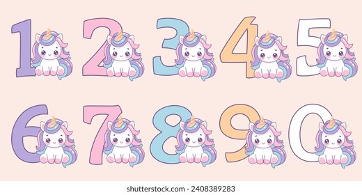 Colorful numbers with cute unicorns. Set of vector symbols. Beautiful cartoon element for children's birthday invitation, greeting card and cake toppers.