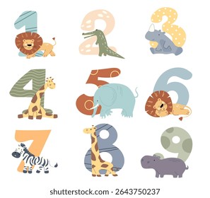Colorful numbers decorated with safari animals create a playful atmosphere for a birthday celebration. Perfect for engaging children and enhancing party decor with wild charm.