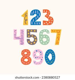 Colorful numbers with decorative doodle elements Cutout childish number collection Playful style