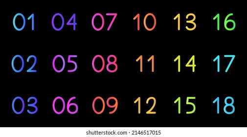 Colorful numbers. Gradient numbers from 1 to 18. Modern font designs isolated on black background.