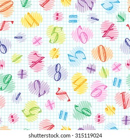 Colorful Numbers - hand drawn doodle seamless pattern. Mathematical background.