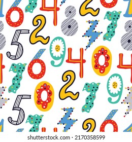 Colorful numbers. Kids seamless pattern.  From 0 to 9.
Can be used in textile industry, paper, background, scrapbooking.Vector.
