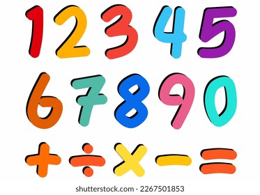 colorful numbers and math Symbol with black shadow isolated on white background