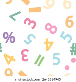 Colorful numbers, math symbols and formulas seamless pattern. Kindergarten, school, classroom and childrens playroom