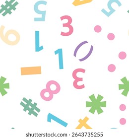 Colorful numbers, math symbols and formulas seamless pattern. Kindergarten, school, classroom and childrens playroom
