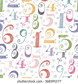 Colorful Numbers seamless pattern. Hand drawn cartoon doodle ornamental Numbers. Mathematical background for kids.