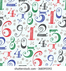Colorful Numbers seamless pattern. Hand drawn cartoon doodle ornamental Numbers. Mathematical background for kids.