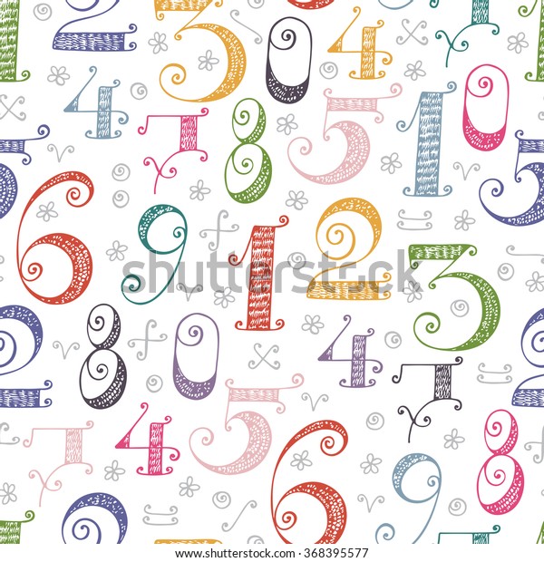 Colorful
Numbers seamless pattern. Hand drawn cartoon doodle ornamental
Numbers. Mathematical background for
kids.