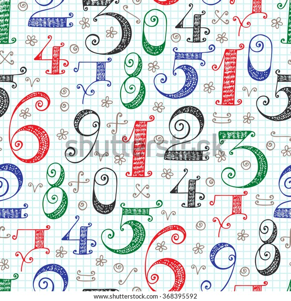Colorful\
Numbers seamless pattern. Hand drawn cartoon doodle ornamental\
Numbers. Mathematical background for\
kids.