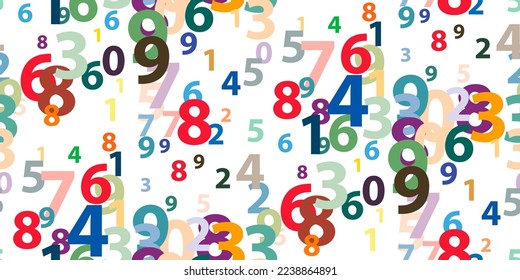 Patrón sin fisuras de números coloridos. El fondo matemático de diferentes números brillantes colocados al azar en blanco. Colorida plantilla escolar para guardería, sala de juegos infantil y aula. Ilustración del vector