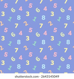 Colorful Numbers Seamless Pattern on Pastel Blue Background. math ornament for kids. Vector illustration