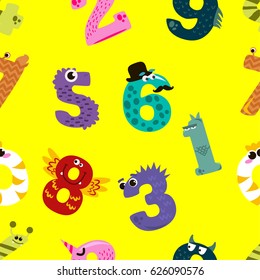 Colorful numbers seamless pattern  over yellow background. Maybe use in preschool education, background or scrapbook page design, web, wallpaper.