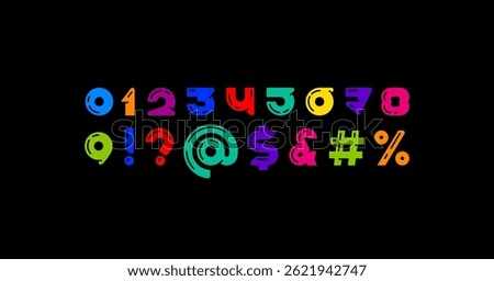 Colorful numbers set in the bright cartoon style, multicolored numerals 0 to 9 made in child art style, vector illustration 10EPS