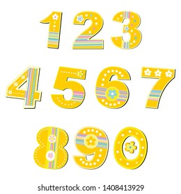 Colorful numbers set isolated on White background. Gold Floral numbers collection. Cartoon Colorful Numbers from One to Ten. Vector illustration