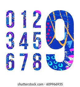 Colorful numbers set for your design with abstract pattern. From zero to nine. Vector illustration.