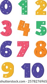 Colorful numbers with spots, pits, cracks. "Dinosaur" style. Vector illustration of a set of numbers. Figures for a funny card, game or birthday invitation for children on a white background.