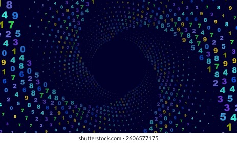 Colorful numbers swirling in a spiral pattern on a dark blue background. Abstract background.