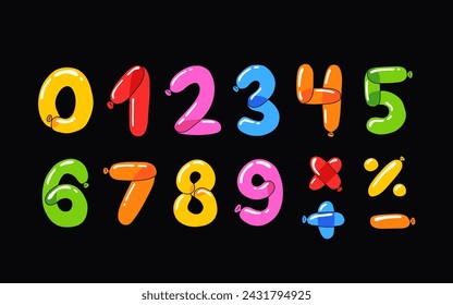 Colorful numbers and symbols balloons. Inflatable minimalistic Balloons for birthday, carnival, celebration, anniversary and holiday party background.