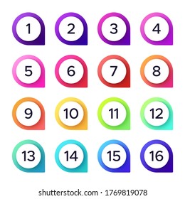 Colorful numbers. Vector set of number pointer for direction on map, counting order point with arrows illustration