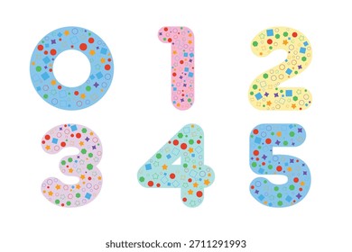 Colorful numbers zero to five with flower patterns isolated on white background