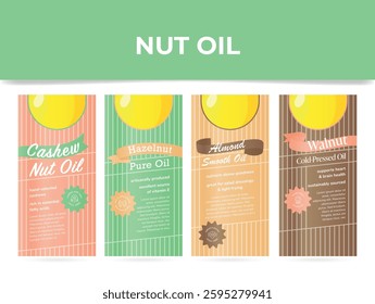 Colorful nut butter labels featuring cashew, hazelnut, almond and walnut flavours highlighting their qualities and health benefits