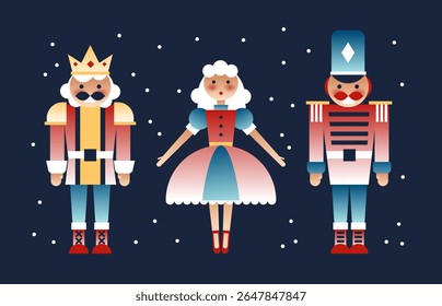 Colorful nutcracker soldier, ballerina and king on dark blue background with snowflakes - festive Christmas characters wearing traditional uniforms, crown and tall hats. Holiday wooden fairy tale toy