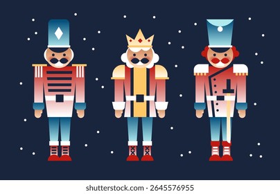 Colorful nutcracker soldiers and king on dark blue background with snowflakes - festive Christmas characters wearing traditional uniforms, crown and tall hats. Holiday wooden fairy tale toy figurines