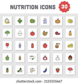 Colorful Nutrition Icon Set In Flat Style.
