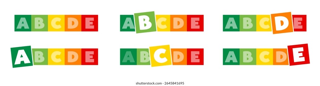 Colorful nutrition score cards illustrate the nutritional value of food items using letters and colors. This educational tool promotes healthy eating habits for children in an interactive format.