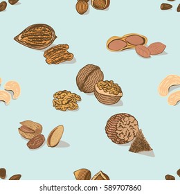 Colorful nuts and seeds seamless pattern with walnut peanut nutmeg cashew and hazelnut on light background vector illustration