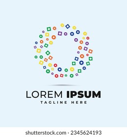 Colorful o letter logo template with polka dot circle and square shape pixel