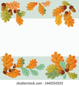 Colorful oak leaves and acorns in flat style.
Square autumn pattern for design, banners, postcards, posters, etc.  Vector illustration.
