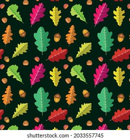 Colorful Oak leaves seamless pattern with acorn and chestnuts on black background. Great for wallpaper, home décor ,textile, website background and greeting cards. 