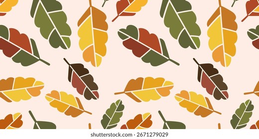 Colorful Oak Leaves Seamless Pattern, Autumn Flat Vector for Wrapping Paper and Textile